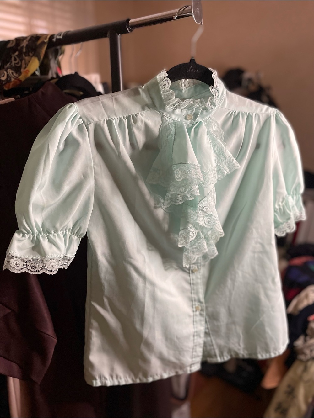 Rhapsody Baby Blue Lace Trim Blouse
